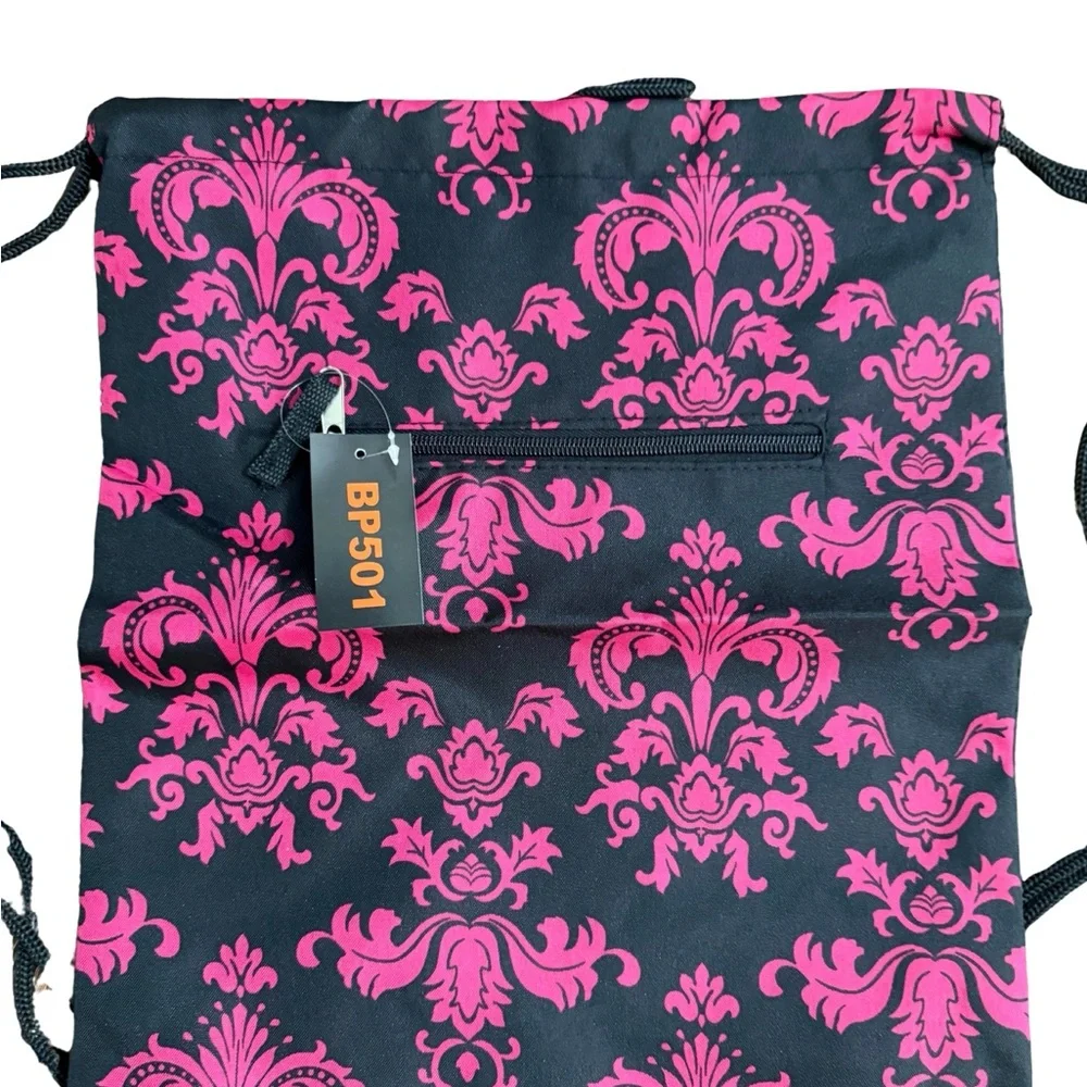 New Black‎ and Pink Damask Print Drawstring Backpack Monogram Ready Blank